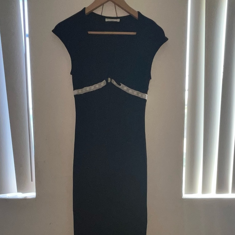 Black maxi dress with white detailing on the bust